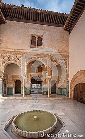 Gilded Room Courtyard (Patio del Cuarto Dorado) at Nasrid Palaces of Alhambra - Granada, Andalusia, Spain Editorial Stock Photo