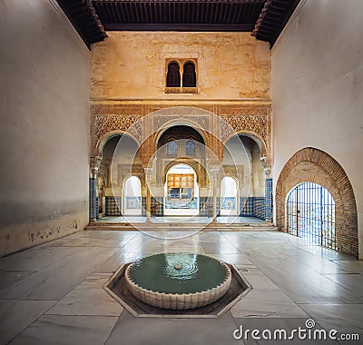 Gilded Room Courtyard at Nasrid Palaces of Alhambra at night - Granada, Andalusia, Spain Editorial Stock Photo