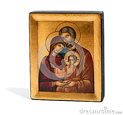 Gilded wooden icon of Joseph, Mary and Jesus Stock Photo