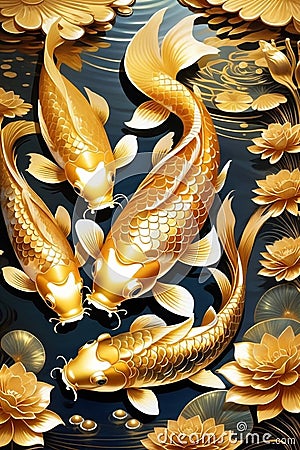 The gildennkoi fish in a pond with flower, symbol of wealth, prosperity, abundance, wallart design, a painting Stock Photo