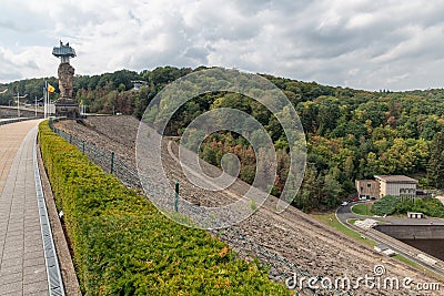 Gileppe dam in Belgium with footpath, watch-tower and monumental Lion Stock Photo