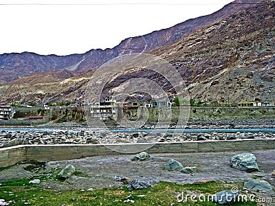 view across the Gilgit river, district capital of Gilgit-Baltistan, Pakistan Stock Photo