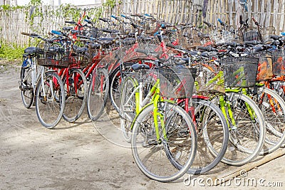 Gili Air Island in the Indian Ocean. 03.01.2017 The vicinity of the Ferry pier. bicycle rental Editorial Stock Photo