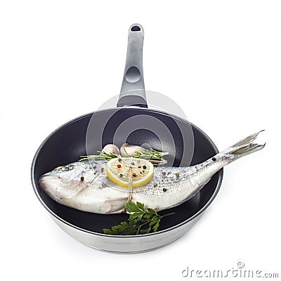 Gilt-head sea bream fish on a pan isolated Stock Photo