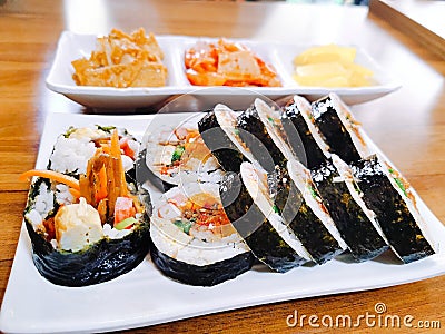 Gimbup is an Traditional South Korean Foods on the table. A Korean Sushi Rolls is delicious menu Stock Photo