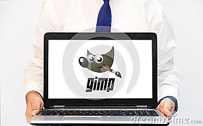 Gimp editing software computer versionon the laptop screen, editorial background Editorial Stock Photo