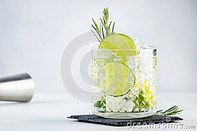 Gin tonic classic alcoholic cocktail drink with dry gin, bitter tonic, lime and ice, bar tools. Gray table background with copy Stock Photo