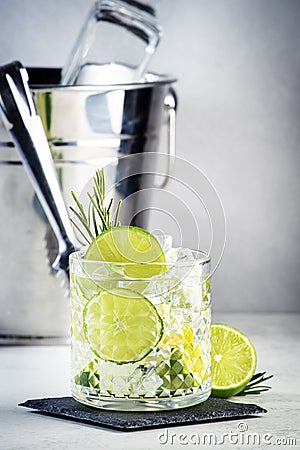 Gin tonic classic alcoholic cocktail drink with dry gin, bitter tonic, lime and ice, bar tools. Gray table background with copy Stock Photo