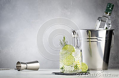 Gin tonic classic cocktail drink with dry gin, bitter tonic, lime and ice. Gray table background Stock Photo