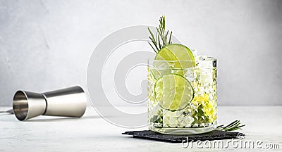 Gin tonic classic cocktail drink with dry gin, bitter tonic, lime and ice. Gray table background Stock Photo