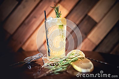 gin tonic cocktail, alcoholic drink for hot summer days. Refreshment cocktail with rosemary, ice and lime. Stock Photo