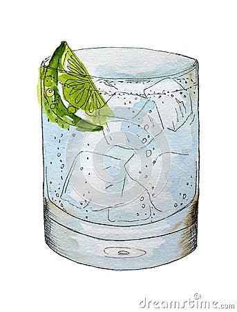 Gin and tonic cocktail for the bar menu. Vector drink, watercolor, hand drawing, sketch. Lime, ice, bubbles. Isolated on Vector Illustration
