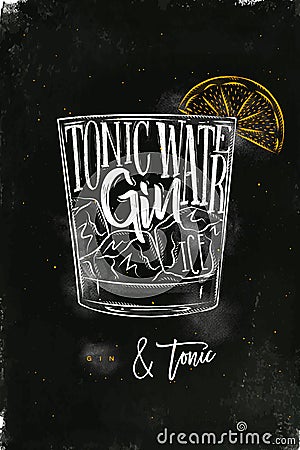 Gin tonic cocktail chalk color Vector Illustration