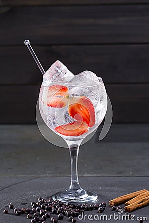 Gin tonic cocktail with strawberries cinnamon and juniper Stock Photo