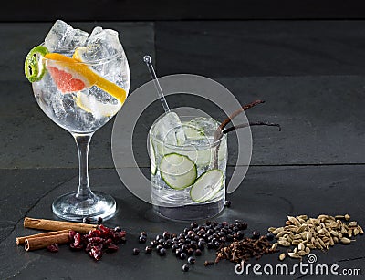 Gin tonic cocktails with lima cucumber and grapefruit Stock Photo