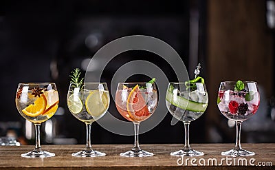 Gin tonic long drink as a classic cocktail in various forms with garnish in individual glasses such as orange, lemon, grapefruit, Stock Photo