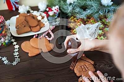 Ginger biscuits in the form are painted with glaze, aysing. Christmas tree branches on a white wooden texture background. The conc Stock Photo