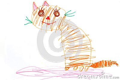 Ginger cat - childs drawing Stock Photo