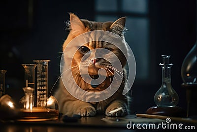 A ginger cat scientist sitting behind a laboratory table with test tubes and flasks. Created with Generative AI Stock Photo