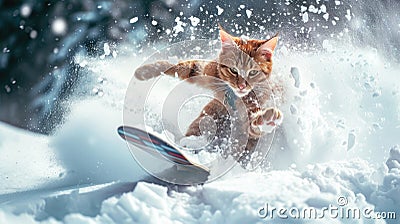 Ginger cat snowboarder going down ski slope in winter, funny pet rides snowboard with splash of snow powder. Concept of sport, Stock Photo