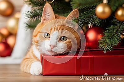 Ginger Cat Surprises from Gift Box Amidst Christmas Tree: Feline Festive Charm. Stock Photo