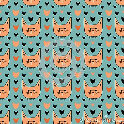 Ginger cats background. Seamless pattern with cute cats. Childish textile pattern. Wrapping paper design Vector Illustration