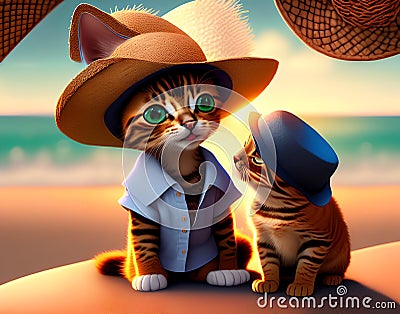 Ginger couple cat in sombrero hat on summer background, relaxation concept. anthropomorphic animal. Ai generated image Stock Photo