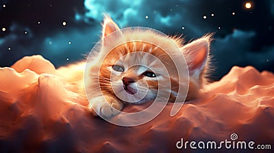 Ginger, cute cat sleeping on the clouds Cartoon Illustration