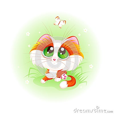 Ginger cute kitten with green eyes looks at a white butterfly. Vector Illustration