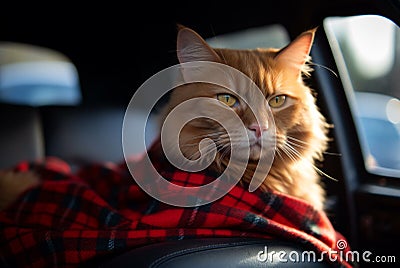 Ginger cute kitten in plaid sitting in cab. Generative AI Stock Photo