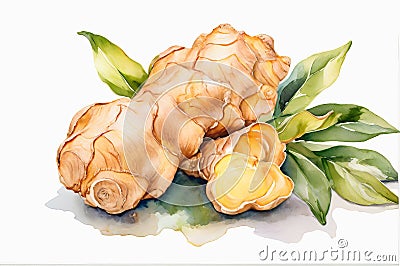 Ginger Elegance: Watercolor Painting of Ginger Root on White Background. Stock Photo
