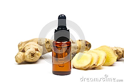 Ginger essential oil in bottle. Stock Photo