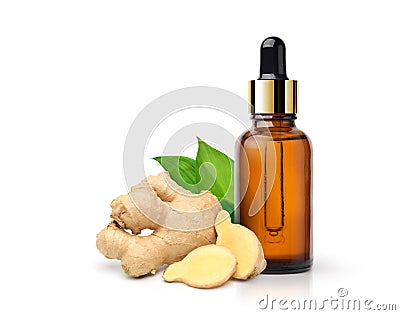 Ginger essential oil extract with rhizome sliced Stock Photo