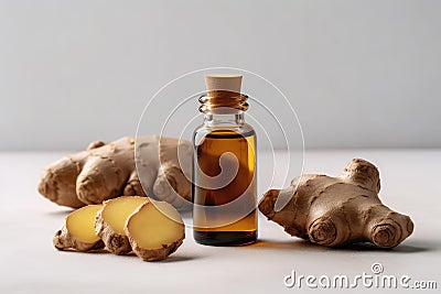 Ginger Essential Oil In Small Brown Bottle Next To Ginger On White Background. Generative AI Stock Photo