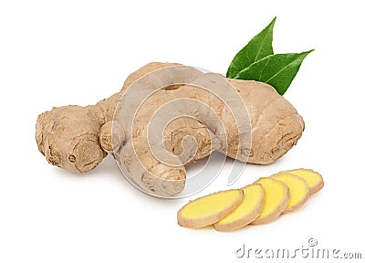 Ginger with green leaves (isolated) Stock Photo