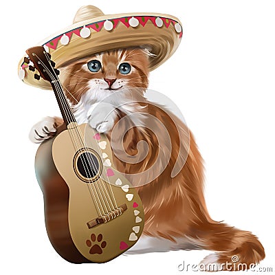 Ginger kitten playing the guitar watercolor painting Stock Photo