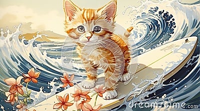 ginger kitten stands on a windsurfing board among the waves Stock Photo