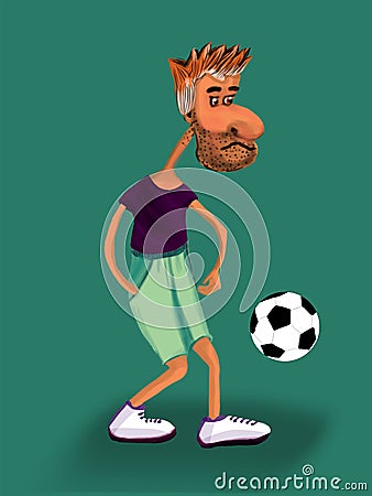 Ginger man playing footbal Cartoon Illustration