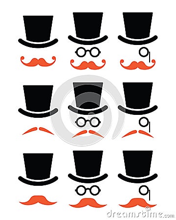 Ginger mustache or moustache with hat and glasses icons set Stock Photo