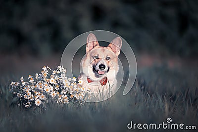 portrait of a ginger puppy dog Corgi in a bright butterfly sitting on the grass with a bouquet of white flowers daisies Stock Photo