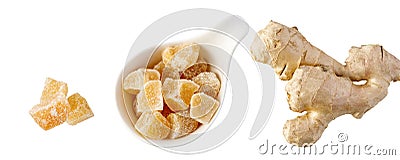 Ginger root and candied pieces with sugar in bowl flying isolated on white background Stock Photo