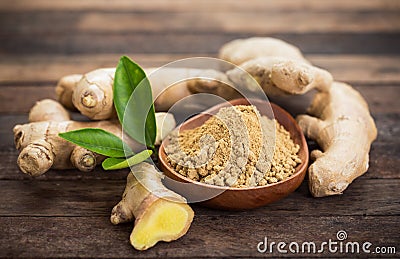 Ginger root and ginger powder Stock Photo