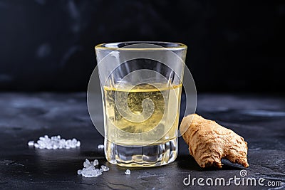 ginger shot in a stone shot glass on a granite surface Stock Photo