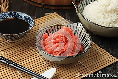 Ginger Sushi Gari with Soy Sauce and Japanese Rice Stock Photo