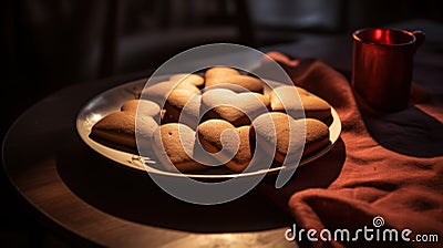 Ginger sweet cookies, milk and cocoa in the form of a heart, lie on a wooden plate against the shadowed background Stock Photo