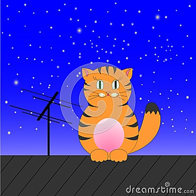 Ginger tabby cat sits on a roof on a background of the sky Vector Illustration