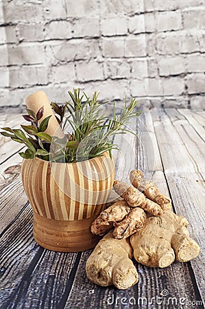 Ginger, turmeric and herbs Stock Photo