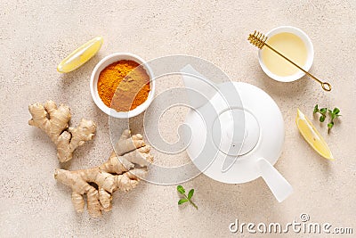 Ginger turmeric tea with honey, fresh lemon and mint Stock Photo