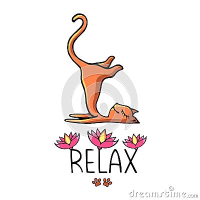 A ginger yoga cat with an inscription decorated with pink lotuses. Vector Illustration