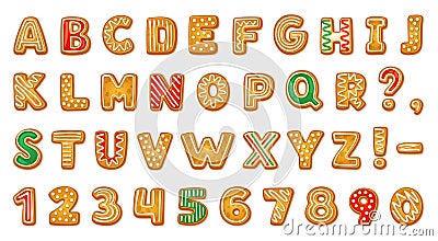 Gingerbread alphabet. Biscuit letters and numbers text communication, xmas cookie font tasty ginger bread typography Cartoon Illustration